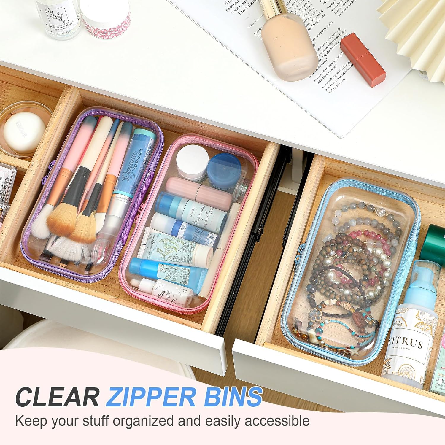 Hoolerry 3 Pcs Clear Hard Zipper Case Makeup Bag Plastic Zipper Pouch Christmas Storage Case Portable Travel Organizer Bin for Cosmetics, Building Blocks, Puzzles(Multicolor,S) - Image 5