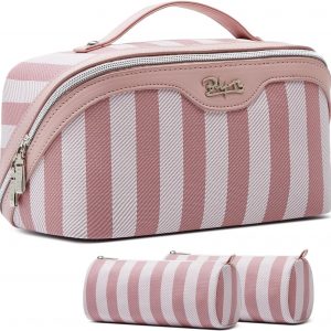 BOYATU Travel Makeup Bag for Women: Large Cosmetic Bag Set of 3 – PU Leather Make up Bag with Compartments – Compact Waterproof Toiletry Bag with Divider & Handle (B-1-Pink)