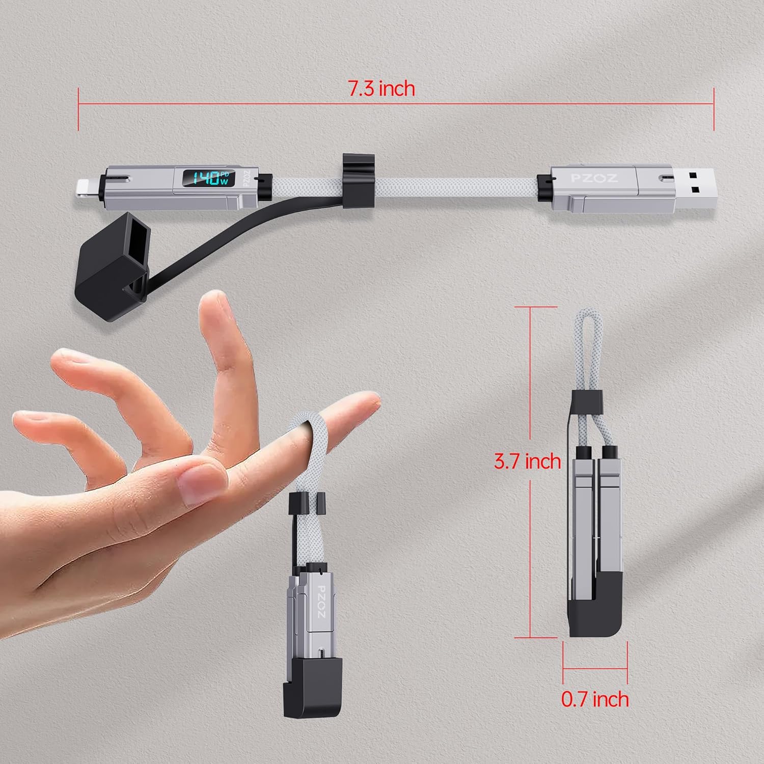 pzoz Portable Keychain Charger Short Cable with LED Display, 4-in-1 Multi USB C Fast Charging Combo Lightning/Type C/USB A/USBC Ports for iPhone iPad MacBook AirPods Samsung Google (140W, 7.3 inchs) - Image 3