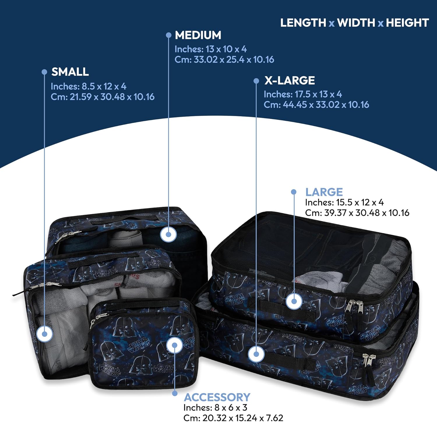 Star Wars Packing Cube Set - Darth Vader, Storm Trooper, Yoda - 5 Piece Packing Cube Travel Essential - Luggage Organizer Set - For Kids,Teens, Adults - Image 2