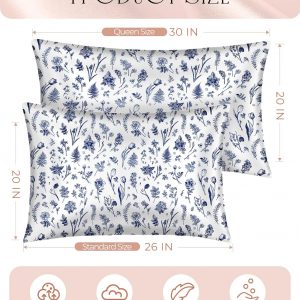 Miss Adola 2 Pack Satin Pillowcase – Queen Size 20 x 30 Inches with Hidden Zipper Smooth and Comfortable Pillow Covers Hair and Skin Care for Moms and Women, Blue Line Flower