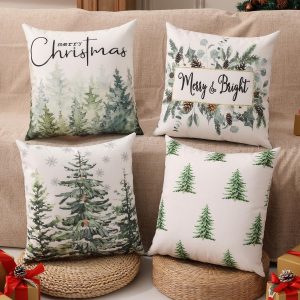 multiwins Double-Sided Print Christmas Pillow Covers 16″x16″ Set of 4, 8 Cute Christmas Patterns, Tree, Merry Christmas, Truck, Merry & Bright, Let It Snow, Etc, Perfect for Home Decor