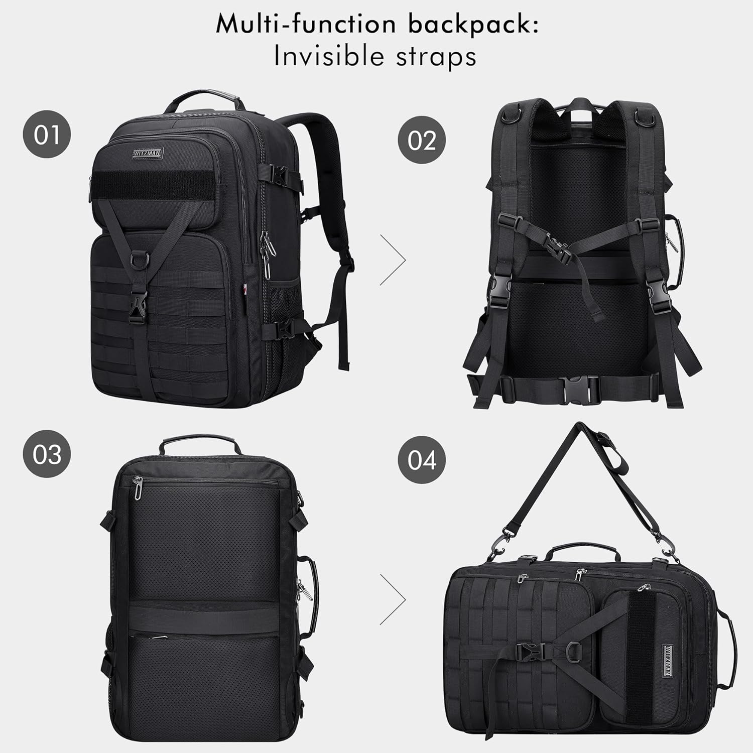 WITZMAN Carry On Travel Backpack for Men Large Convertible 45L Fit 17 Inch Laptop Backpack 3 in 1 Bag for Airline Approved(B688 Black) - Image 8