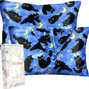 Miss Adola Silk Pillowcase 2 Pack – Cute Pillow Cases 20″ x 26″ Standard Size Set of 2 for Hair and Skin Smooth Soft Breathable with Hidden Zipper Cooling Pillow Covers for Sleeping, Blue Moon Cat