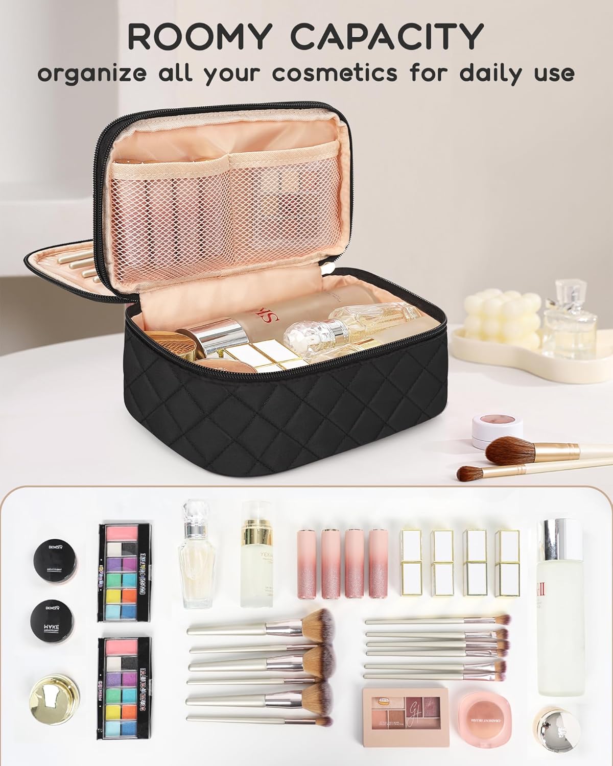 Relavel Makeup Bag, Small Makeup Bag for Women, Travel Cosmetic Bag, 2 Layers Waterproof Makeup Organizer Storage with Makeup Brush Holder, Black - Image 6