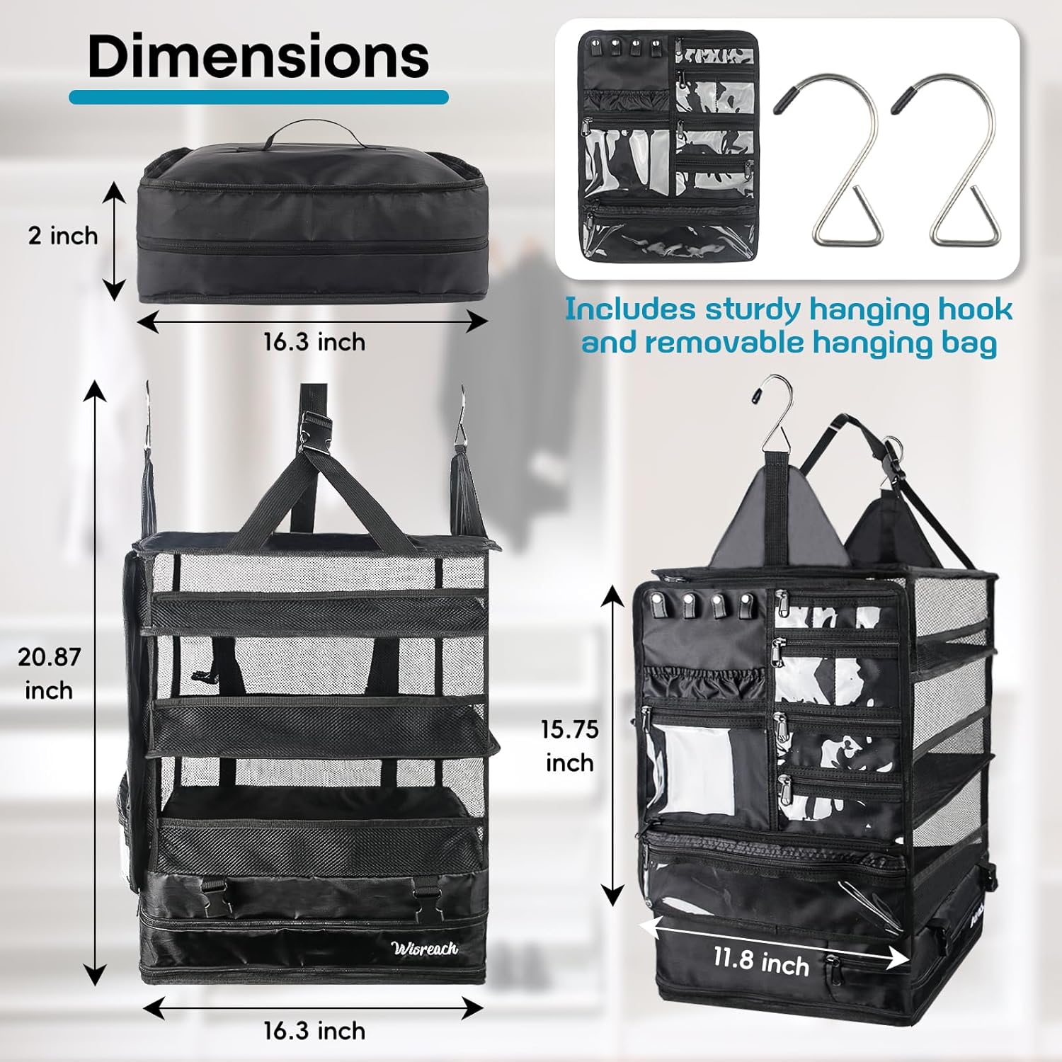 Hanging Suitcase Organizer & Travel Shelves, Packing Cubes for Travel, Suitcase Organizer for Carry-on Luggage, Easy Packing & Wrinkle-Free Clothes, Black (Fits Most Travel Bags) - Image 3