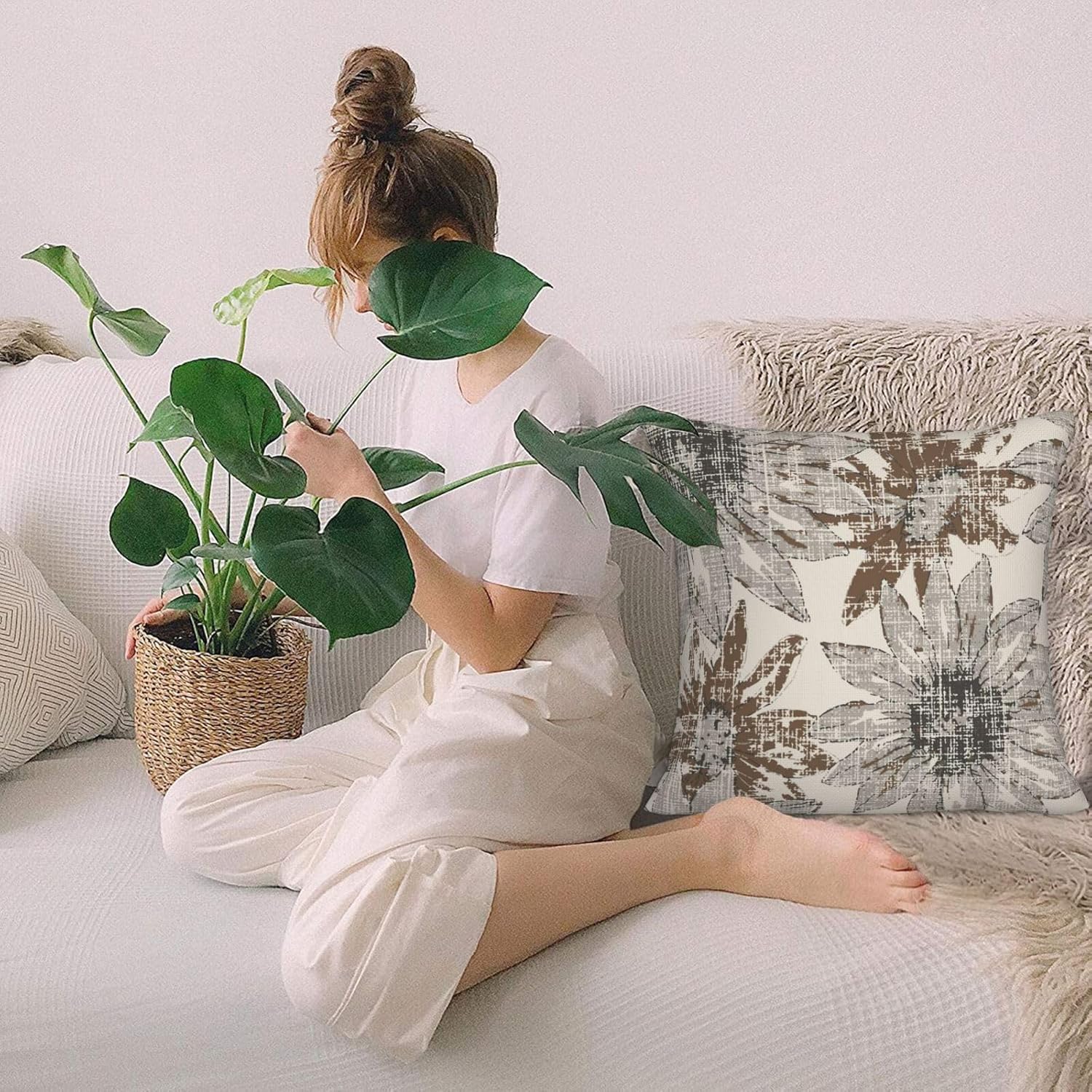 ZYNTIRAX Brown Grey Floral Throw Pillow Covers Retro Sunflower Flowers Pillow Cover 20x20 Inch Set of 2 Modern Art Floral Pattern Pillowcase Square Cushion Cases for Home Couch Sofa Bed - Image 7