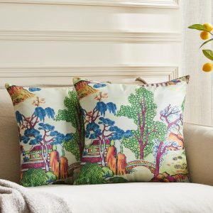 BLESFEST Pack of 2, Chinoiserie Pillow Cover 20 x 20 Inch Asian Scenic Coral and Green Throw Pillow Covers Linen Farmhouse Tree Leaves Pillow Case Cushion Covers for Sofa Couch Living Room