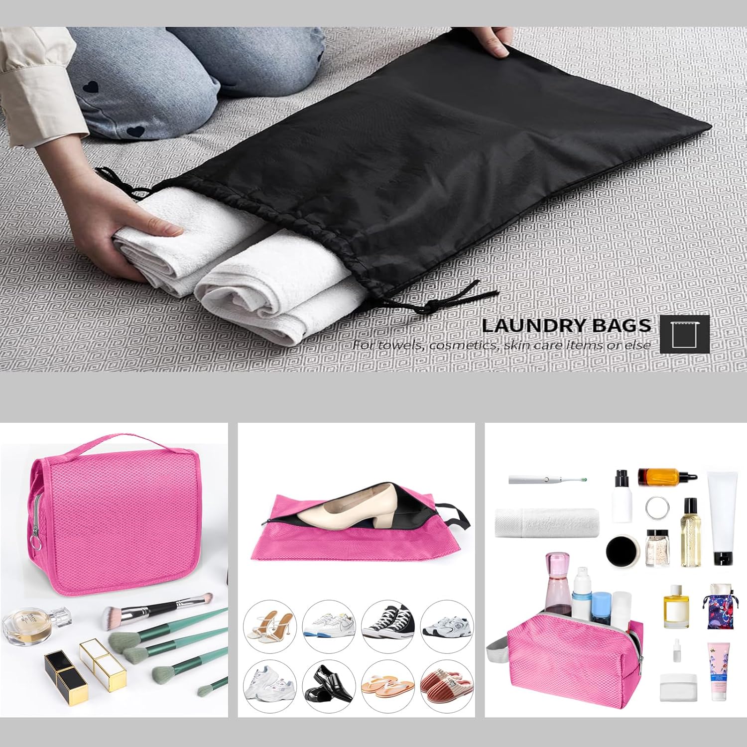 9-Set Packing Cubes with Hanging Bag | 9-Size Combination, Mesh Fabric & Reflective Stripe | Travel Luggage Organizers (Pink) - Image 6