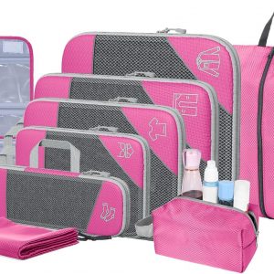 9-Set Packing Cubes with Hanging Bag | 9-Size Combination, Mesh Fabric & Reflective Stripe | Travel Luggage Organizers (Pink)