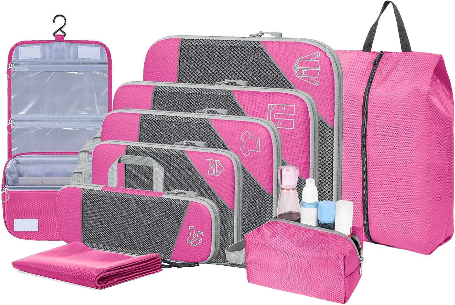 9-Set Packing Cubes with Hanging Bag | 9-Size Combination, Mesh Fabric & Reflective Stripe | Travel Luggage Organizers (Pink)