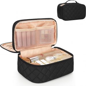 Relavel Makeup Bag, Small Makeup Bag for Women, Travel Cosmetic Bag, 2 Layers Waterproof Makeup Organizer Storage with Makeup Brush Holder, Black