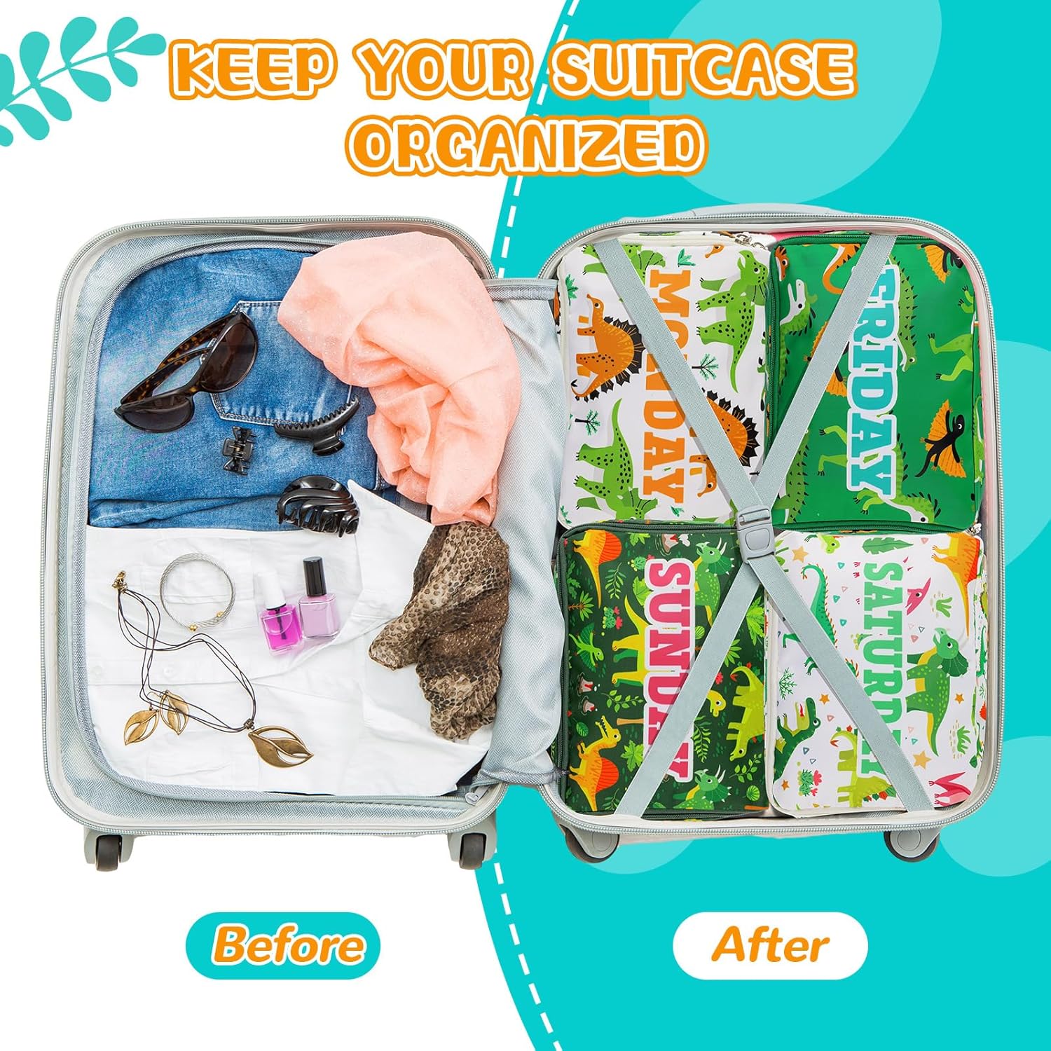 Paterr 7 Pcs Packing Cubes for Travel Kids Days of Week Compression Packing Cubes Colorful Luggage Organizers Suitcase Camp(Dinosaur) - Image 3