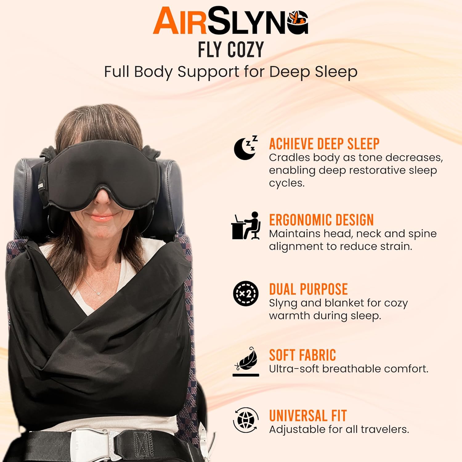 3-in-1 Airplane Sleep Support System - Integrated Plane Sleeping Accessories with Memory Foam Long Haul Flight Pillow, Adjustable Travel Eye Mask, and Blanket-Like Body Sling - Fits in Carry On - Image 6