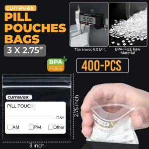 Pill Pouch Bags for Travel Pack of 400 – BPA Free 3 x 2.75 inch Pill Pouch – Pill Pouches for Medicine with Write on Label –Clear Ziplock Pill Baggies for Travel Medicine Organizer