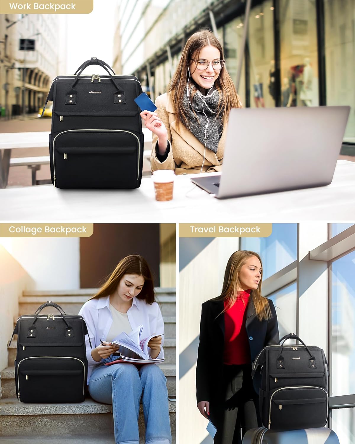 LOVEVOOK Laptop Backpack for Women, Travel with Compartment, Water Resistant Teacher Nurse Backpack, Anti-theft Back Pack Charger Work Doctor, 15.6-Inch, Black - Image 8