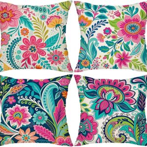 LSMIAO Set of 4, Floral Throw Pillow Covers 18×18 inch, Set of 4, Decorative Paisley Pattern, 100% Polyester with Hidden Zipper