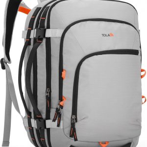 Tolaccea Travel Backpack, TSA Friendly Flight Approved Carry-on Luggage Durable Large Laptop Bag Daypack Fits 15.6 Inch Computer, Water-resistant Business Rucksack, 35-45L Expandable – Grey