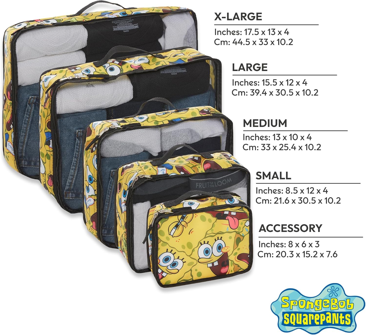 SpongeBob SquarePants Packing Cubes Set – 5-Piece Travel Luggage Organizer with SpongeBob, Patrick & Mr. Krabs – Fun Packing Essential for Kids, Teens, and Adults - Image 3