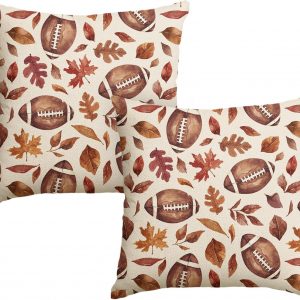 AVOIN colorlife Fall Football Maple Leaves Throw Pillow Covers 18×18 Inch, Seasonal Autumn Thanksgiving Harvest Cushion Case Decoration for Sofa Couch Set of 2