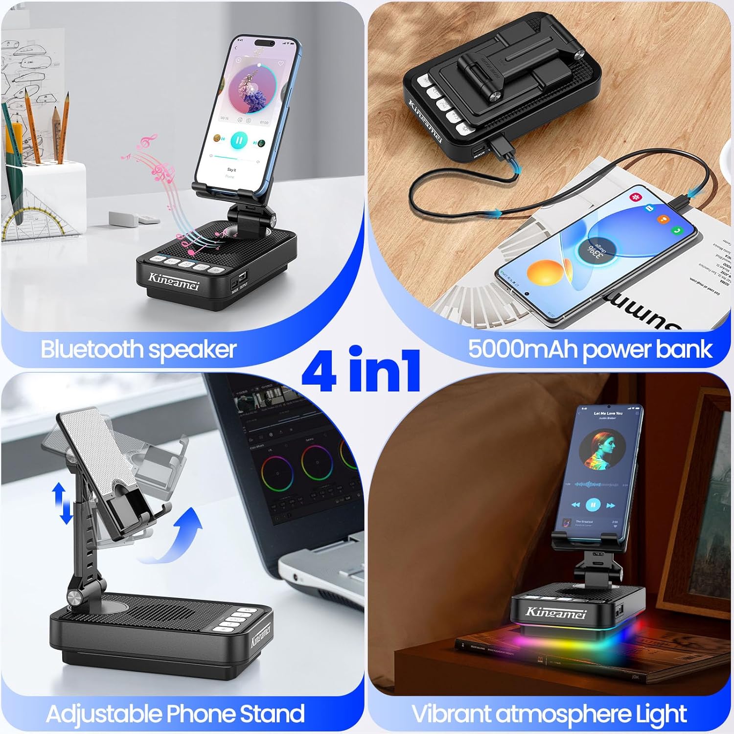 Gift for Men Women, 4 in1 Call Phone Stand with Wireless Bluetooth Speaker and Power Bank (5000mAh) & Colorful Ambient Light, Charging Bank for iPhone/Android, Birthday Gifts for Dad Mom - Image 2