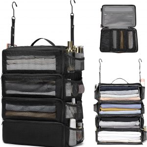 ToMiss Hanging Suitcase Organizer, Travel Essentials Carry-on Collapsible Packing Cubes for Travel, Stow-N-Go Portable Hanging Closet Organizer Shelves Luggage Bag, Medium, Black