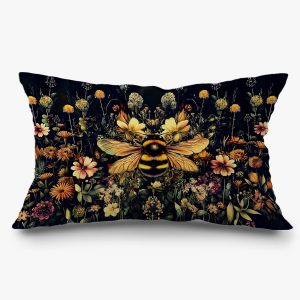 Exqcom Vintage Moody Floral Bumblebee Pillow Covers 12×20, Dark Academia Room Decor, Dark Cottagecore Botanical Wildflower Honey Bee Decorative Lumbar Pillow Covers for Home Bedroom Living Room