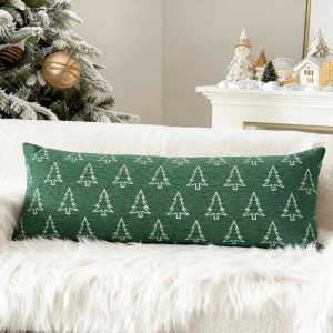 Auomily Reversible Christmas Pillow Covers 14×36, Chenille Double-Sided Snowflake & Tree, Cozy Farmhouse Holiday Throw Pillowcases with Hidden Zipper for Sofa, Couch and Bed(Green,36×14)