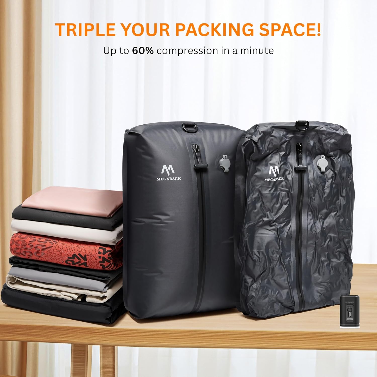 Megaback Vacuum Bags for Travel, IP67 Reusable Vacuum Seal Bags for Clothing with Electric Pump, Vacuum Seal Packing cube for Suitcases, Backpack & Travel (2PC+Pump) - Image 2