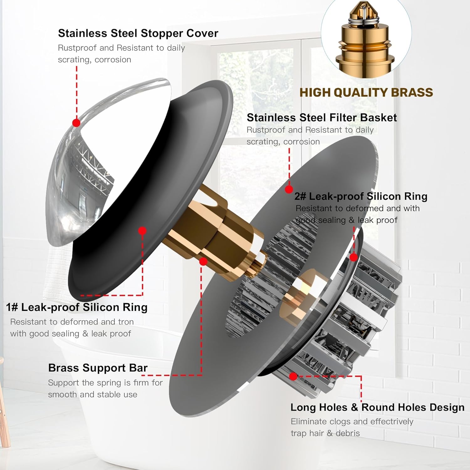 Bathtub Drain Stopper, Bath tub Drain Hair Catcher, Universal Bathtub Stopper, Bath tub Plug, Pop-up Tub Stopper with Effective Filter Basket, Anti-Clogging Sink Stopper & Tub Shroom (Chrome) - Image 4