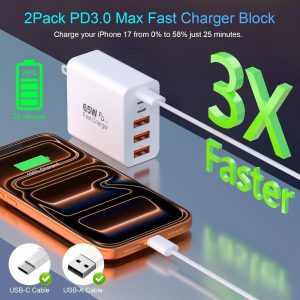 65W USB C Charger,2Pack iPhone 17 Pro Max Charger,6FT USB C Chargers Woven Cord With 6Port 3USB-A 3USB-C Fast Charging Blocks Type C Chargers for iPhone 17 Pro Max/17 Air/16Pro Max/15/iPad Pro,AirPods