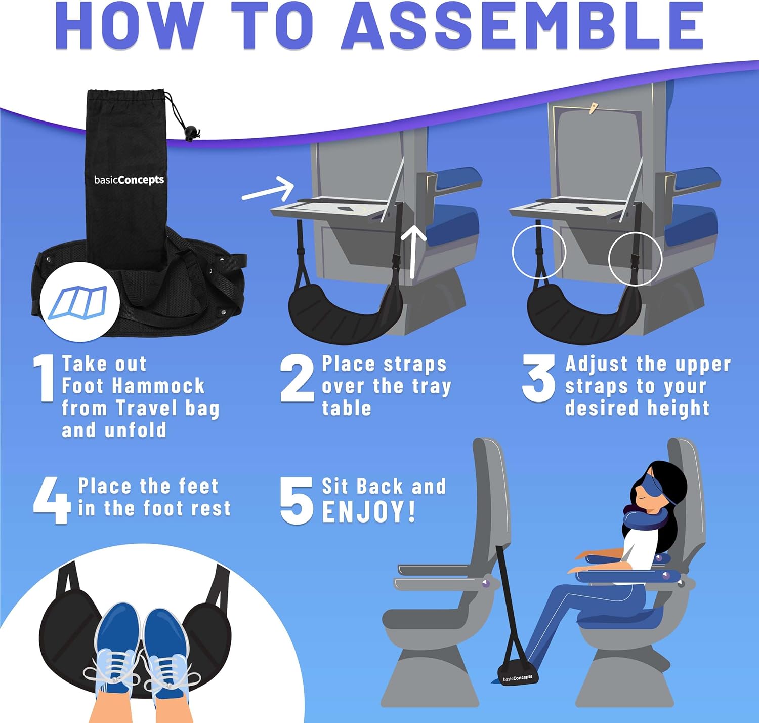 BASIC CONCEPTS Airplane Foot Hammock for Plane Travel Essentials - Airplane Travel Essentials, Long Flight Foot Rest - Plane Gadgets - Image 5