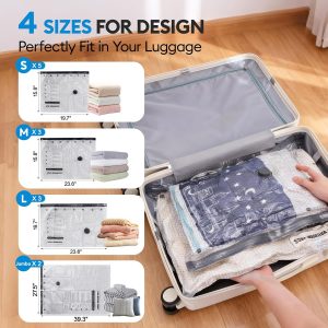 13 Pack Vacuum Seal Bags for Clothing Travel with Electric Pump, Space Saver Vacuum Storage Bags Sealed, Compression Packing Bags for Luggage, Blankets Clothes, Comforter (2 Jumbo+3 L+3 M+5 S)