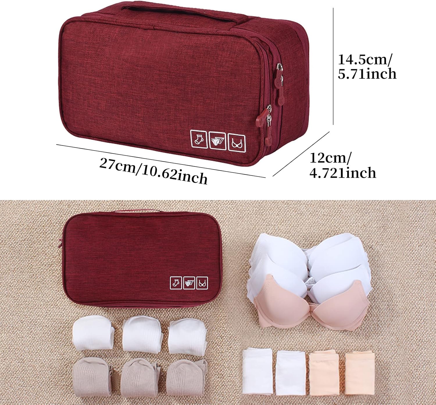 Unaone Travel Underwear Organizer - Portable Bra Travel Packing Storage Bag Large Compartment Underwear and Sock Organizer Bag, Burgundy - Image 2