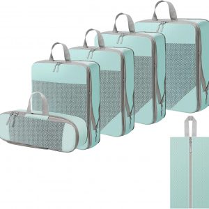 WOOMADA Compression Packing Cubes for Suitcases Travel Essentials 6 Set Rectangle Mesh Expandable Travel Bags Organizer for Luggage