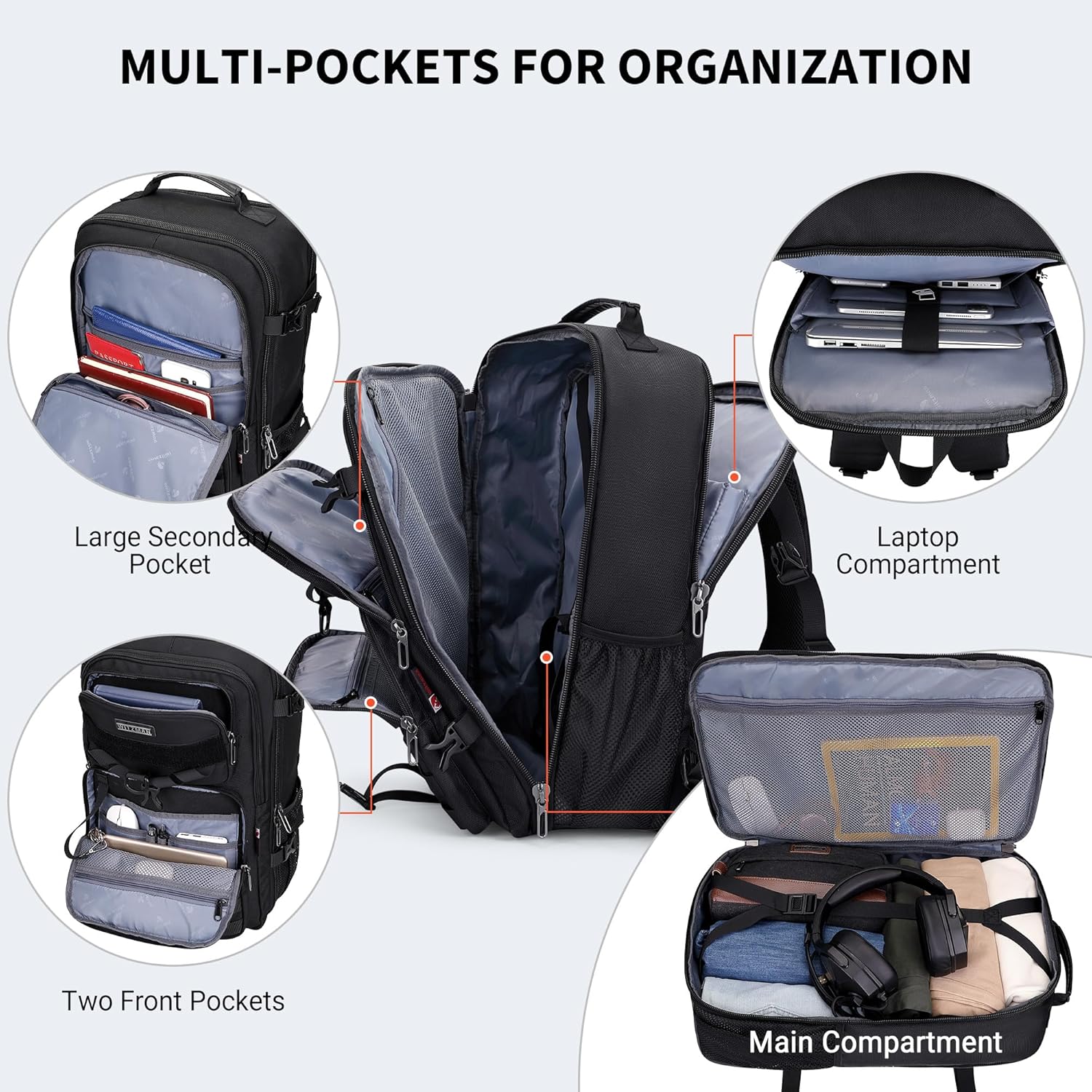 WITZMAN Carry On Travel Backpack for Men Large Convertible 45L Fit 17 Inch Laptop Backpack 3 in 1 Bag for Airline Approved(B688 Black) - Image 4