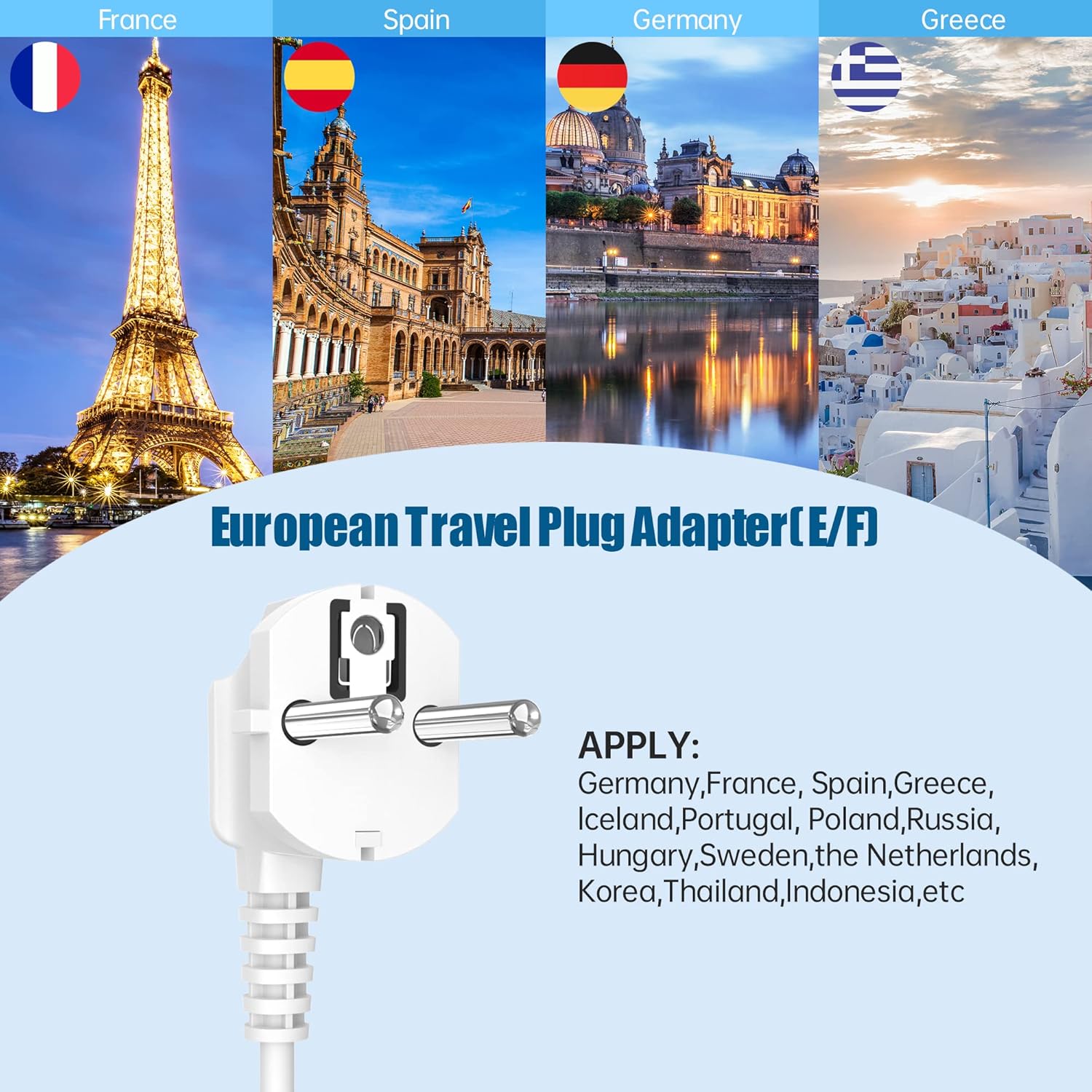 European Travel Plug Adapter with 4FT Extension Cord, (Not for UK) US to European International Plug Adapter Travel Essentials France Germany Greece - Image 2