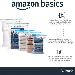 Amazon Basics Multiple Vacuum Compression Zipper Storage Bags for Space Saving and Travel with Hand Pump, 6-Pack (2 Jumbo, 2 Large, 2 Medium), Transparent