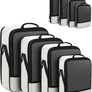 4 PCS Set Compression Packing Cubes for Travel, Lightweight Packaging Organizer Bags for Carry On Space Saving, Travel Essentials Cubes for Suitcase Backpack, Beige