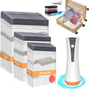 Vacuum Storage Bags for Travel with Rechargeable Air Pump – 16 Pack Vacuum Seal Bags for Clothing Space Saver, Compression Packing Bags for Suitcase Luggage, Blankets, Bedding, Seasonal Storage