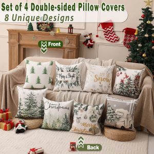 multiwins Double-Sided Print Christmas Pillow Covers 16″x16″ Set of 4, 8 Cute Christmas Patterns, Tree, Merry Christmas, Truck, Merry & Bright, Let It Snow, Etc, Perfect for Home Decor