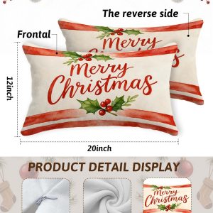 FGFK Retro Red Merry Christmas 12×20 Pillow Cover, Christmas Bedroom Decor, Holly Berries Winter Holiday Lumbar Pillow Covers Decorative for Home Living Room Bedroom Sofa Couch