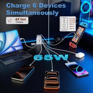 USB C Charger Block, 2-Pack 65W 6-Port USB C Wall Charger iPhone Charger Fast Charging PD Power Adapter+QC Wall Plug Multiport Type C Brick Chargers for iPhone 17 16 15 14 13 12 11 Pro Max XS,Samsung
