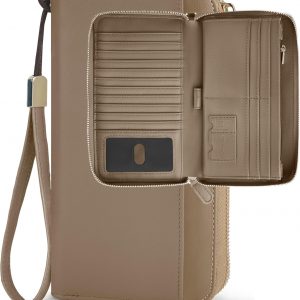 Large Travel Wallet for Women,RFID Zipper Wallet with AirTag Slot,Passport Holder Clutch with Wristlet (Camel)
