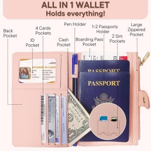 elzama Passport Holder with Airtag Slot for Travel Women, RFID Passport Wallet with Airtag Holder, Zipper Pocket Card Slots Pen Holder & Airtags Keychain (Air tag Not Included) Pink