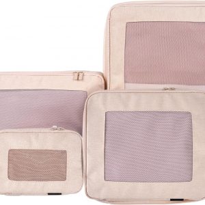4-Set Compression Packing Cubes for Travel, Recycled Cotton Luggage Organizers, Space-Saving Suitcase Organizers, with Mesh, Travel Essentials(Beige)