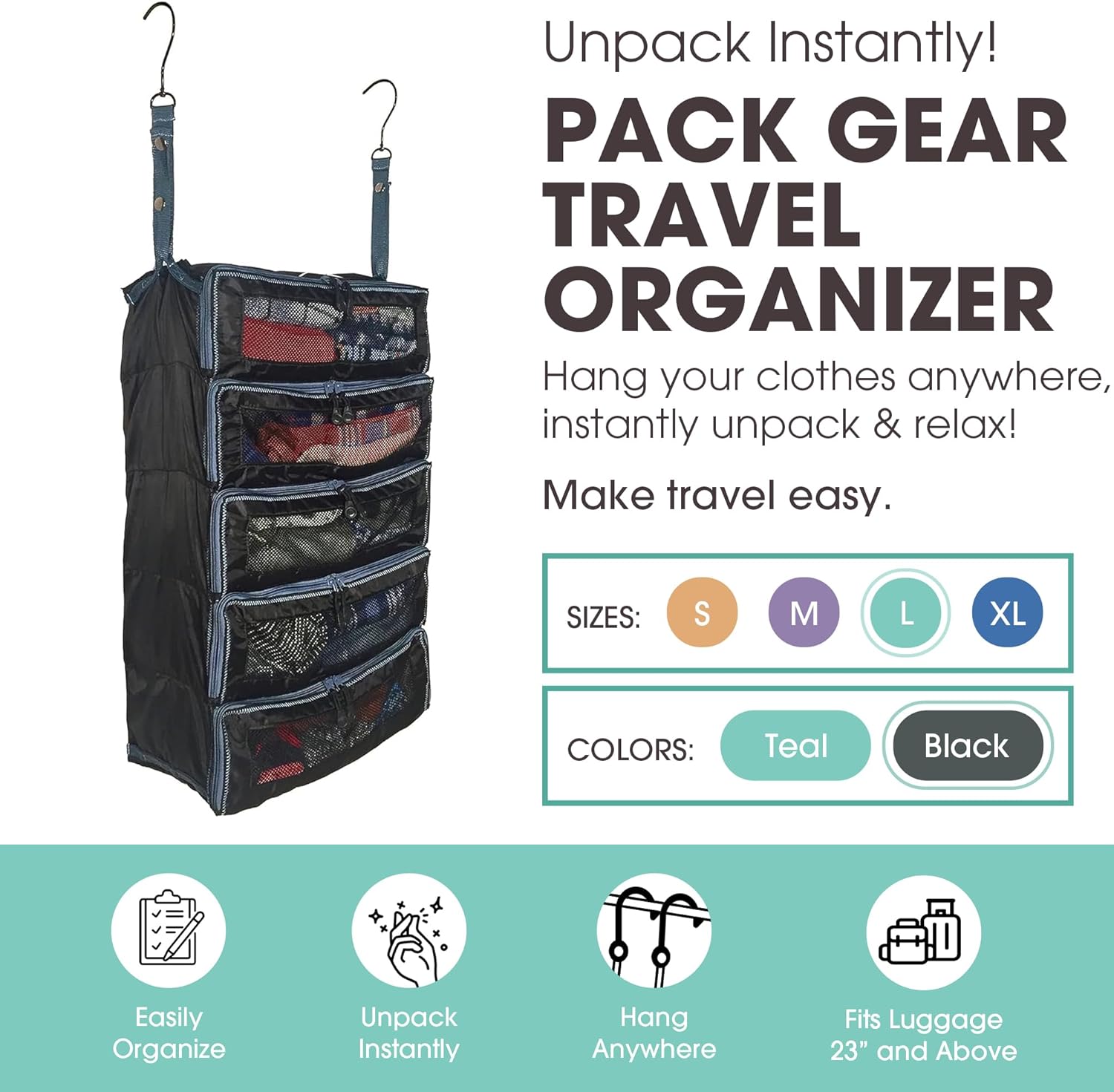Pack Gear Hanging Suitcase Organizer - Our Large Hanging Luggage Organizer Fits Any Suitcase - Our Packing Cubes For Travel Uses Mesh Windows to Make it Easy to Find your Clothes (Black, L) - Image 2