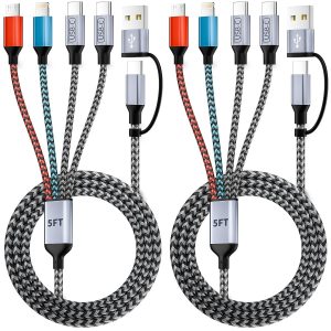 4 in 2 Multi Charging Cable, USB A/C Cable with Dual Type-C/Lightning/Micro USB, Travel Charger for Multiple Devices, Phone Charger Cord for iPhone 17/16/15/14, Galaxy, Android Tablet Pad (2Pack 5FT)