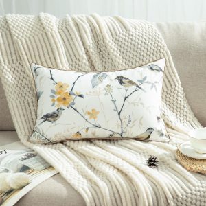 Leeva Grey Bird Printing Throw Pillow Cover, Cozy Modern Rustic Linen Look Pillow Cases with Hidden Zipper, Decorative Lumbar Pillowcases for Room Decor Couch Bedroom, 12 x 20