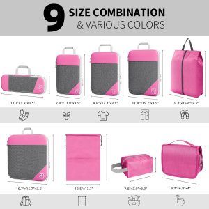 9-Set Packing Cubes with Hanging Bag | 9-Size Combination, Mesh Fabric & Reflective Stripe | Travel Luggage Organizers (Pink)